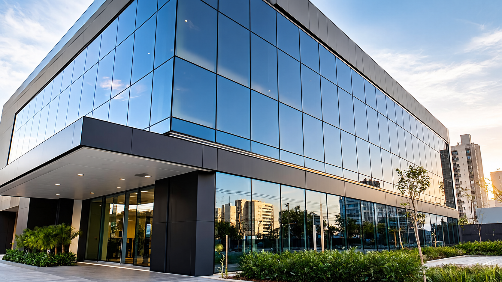 Fachada de edifício corporativo moderno com vidros de controle solar e grandes superfícies envidraçadas.